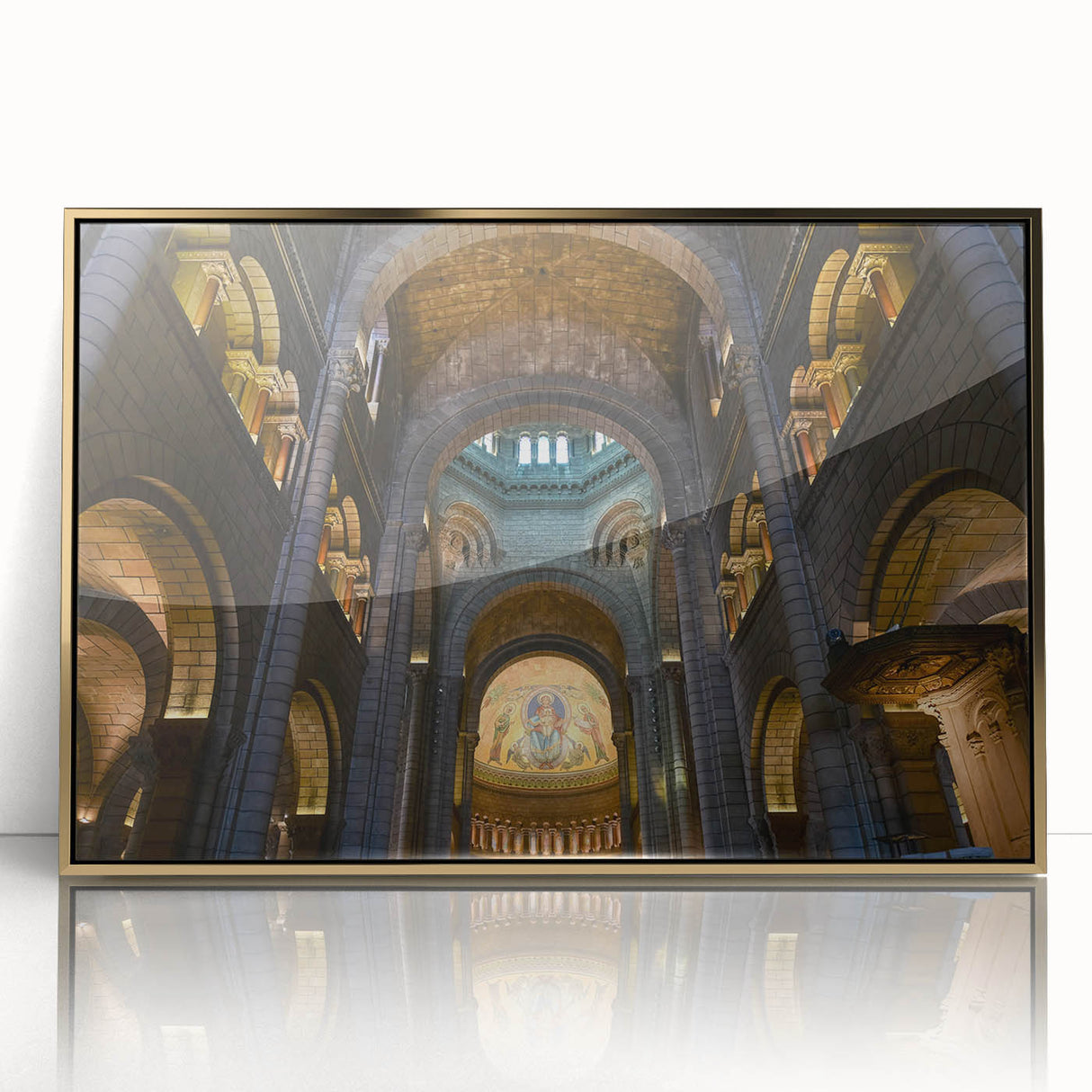 Art Deco style poster of Monaco scenery in gold frame, featuring vibrant blue and gold tones.