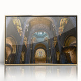 Art Deco style poster of Monaco scenery in gold frame, featuring vibrant blue and gold tones.