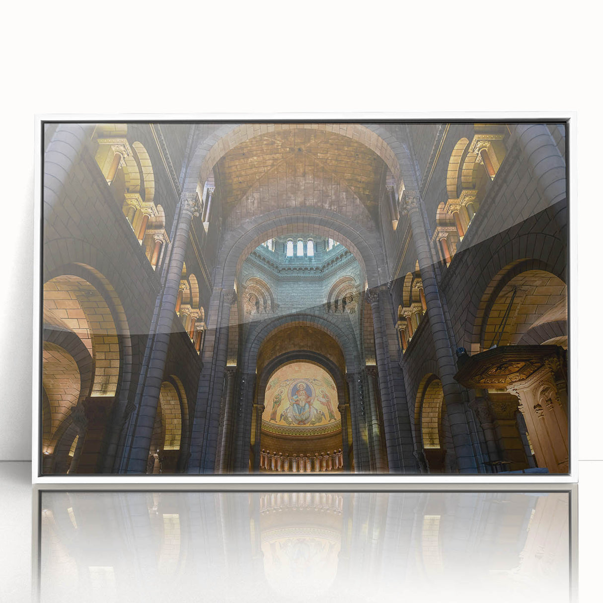 Mid-century modernist art depicting a Monaco scenery in muted pastel shades on a white framed acrylic.