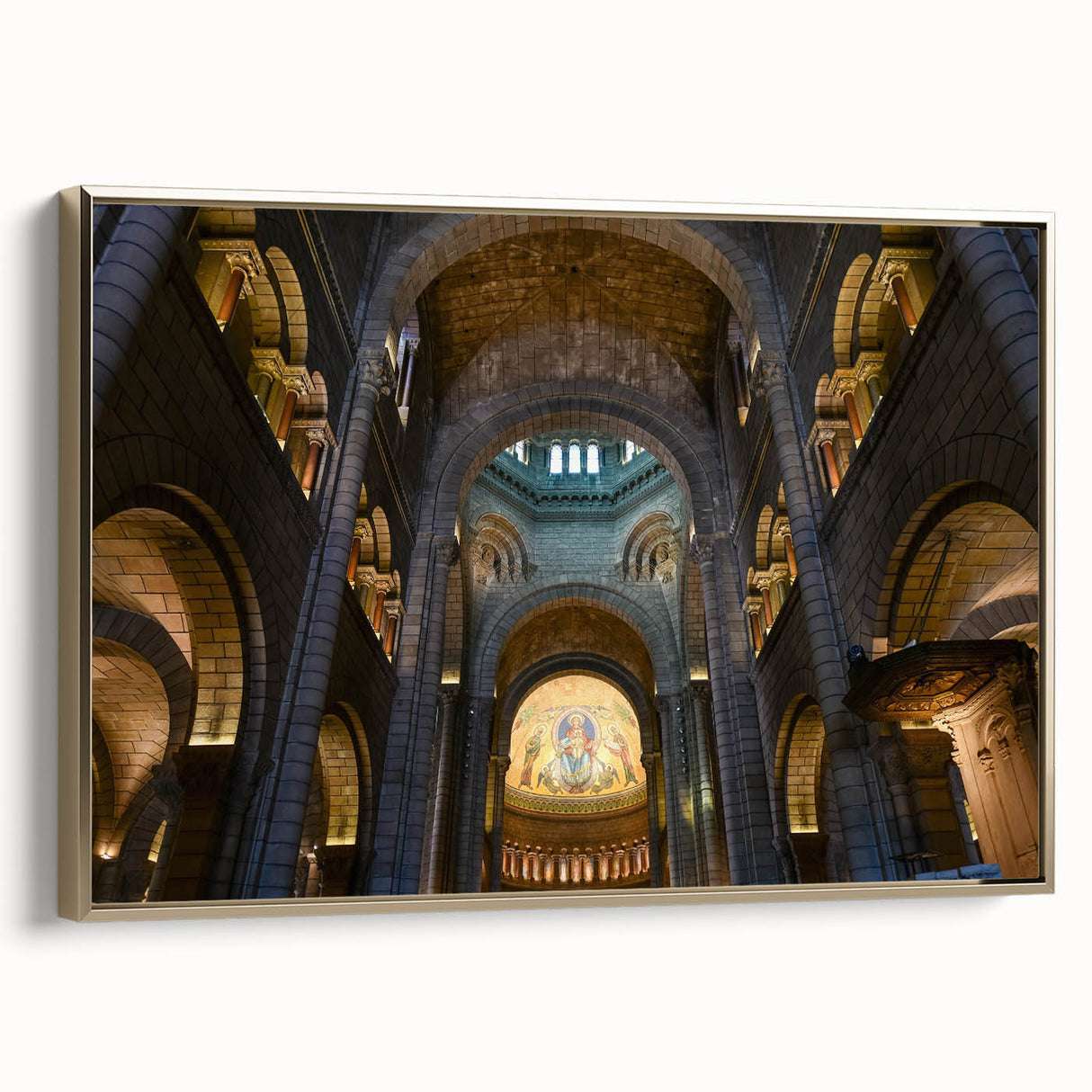 Framed canvas wall art featuring a vintage-style landscape painting of Monaco in muted gold and black tones.