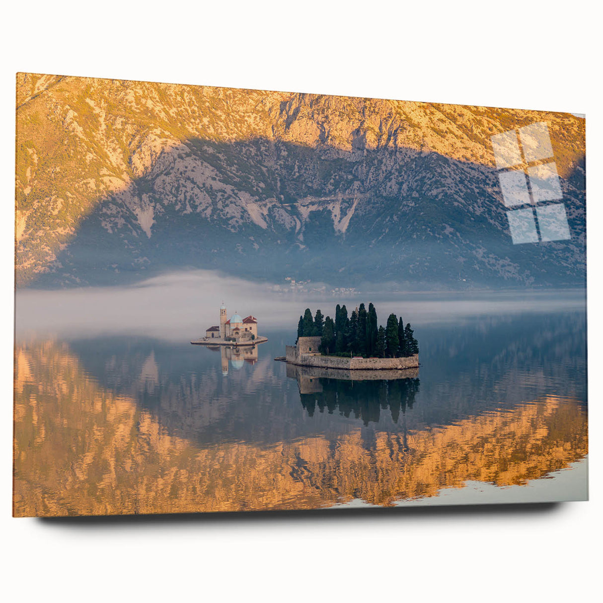 Large abstract wall art of a Montenegro scenery in muted blue and green hues on acrylic glass.