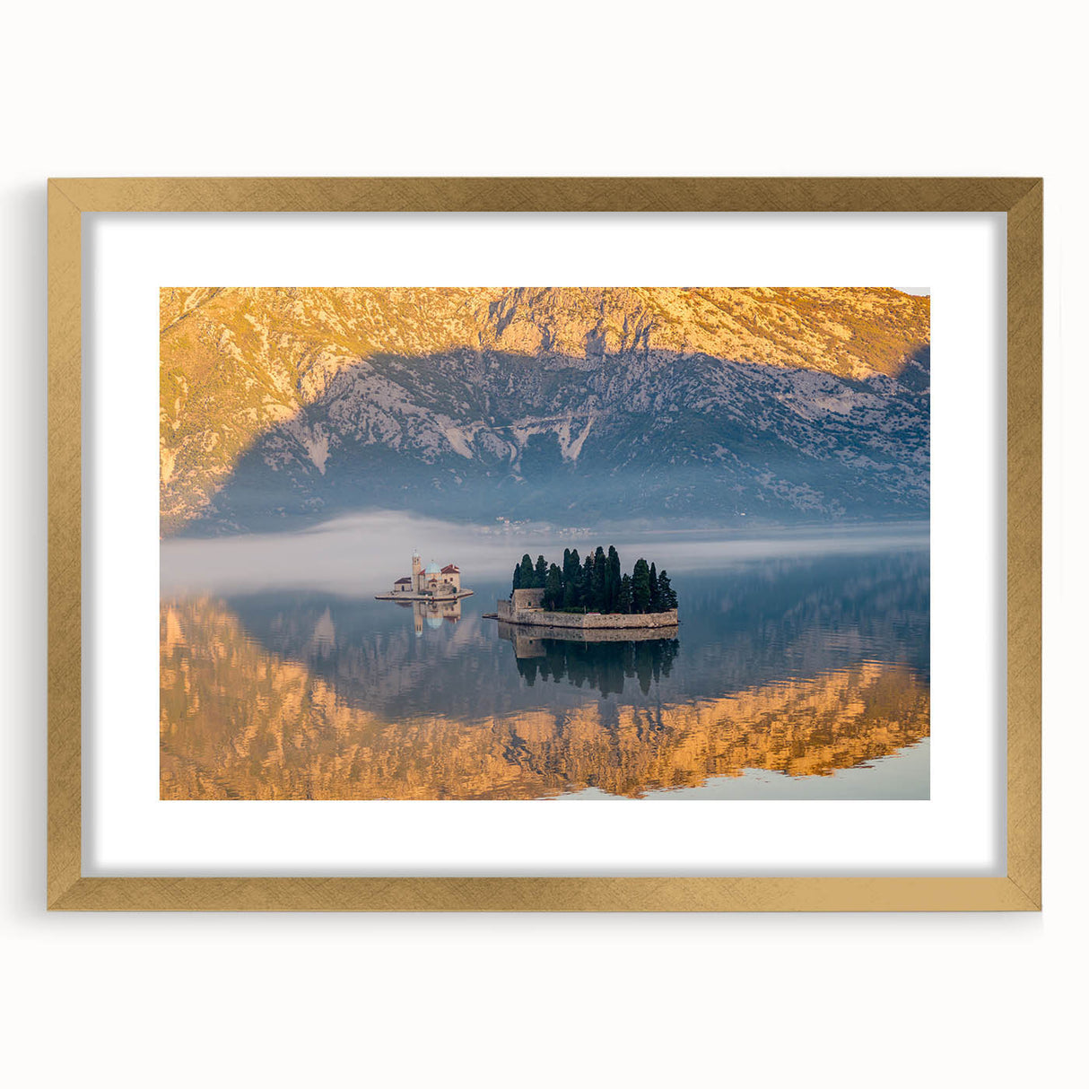 Abstract art print of a European Montenegro scenery in muted earth tones, framed in gold, suitable for dining room decor.