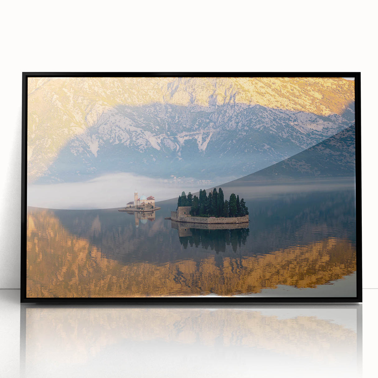 Large abstract wall art depicting a Montenegro scenery in muted earth tones on a framed acrylic.