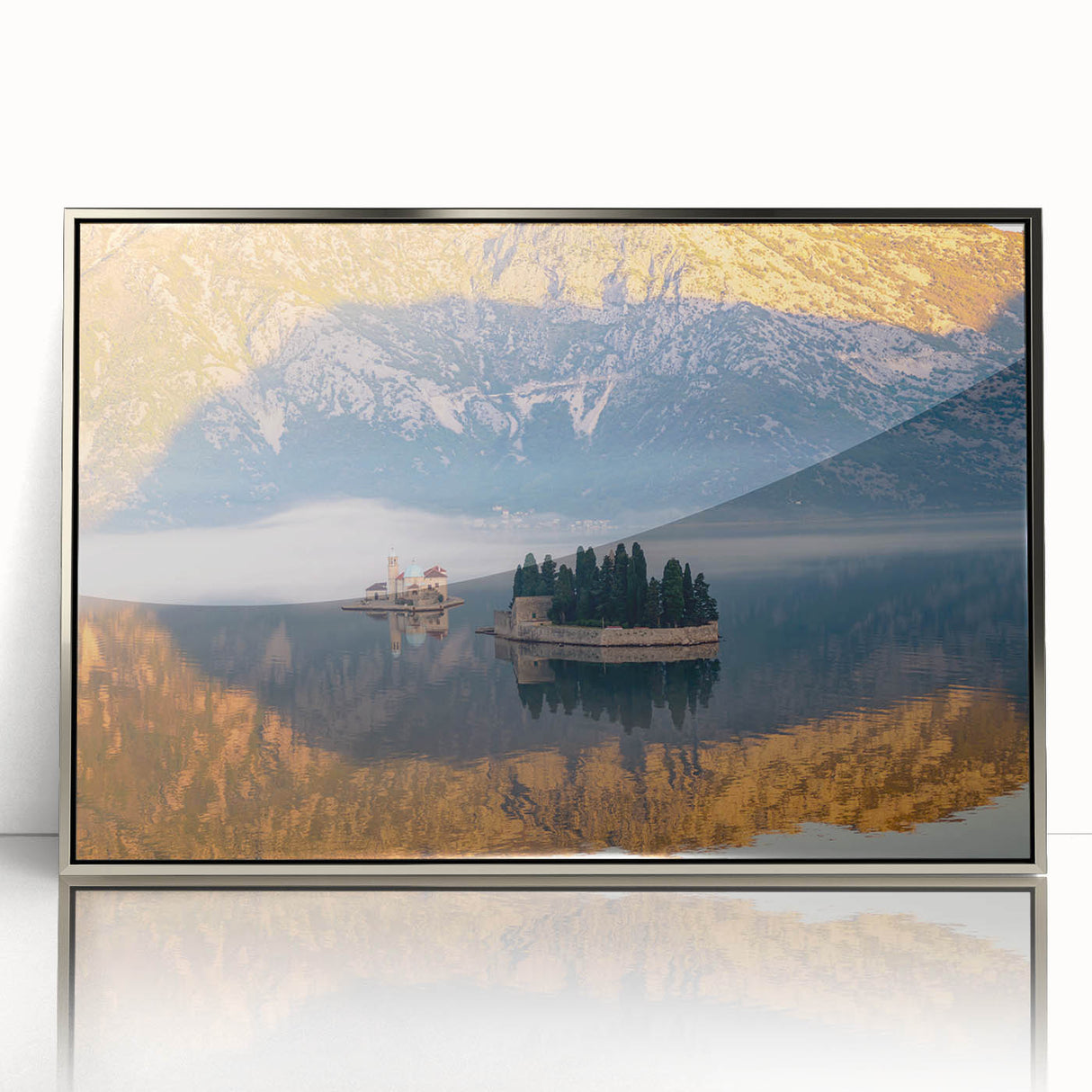 Large art print of a scenic Montenegro landscape in muted colors on a silver-framed acrylic, ideal for modern art wall decor.
