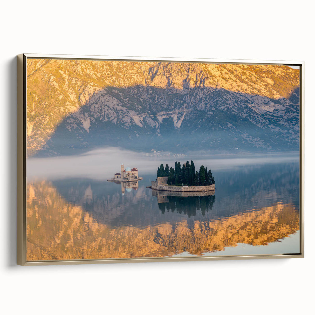 Framed canvas wall art featuring a vintage landscape of Montenegro in muted gold and black tones, ideal for bedroom decor.