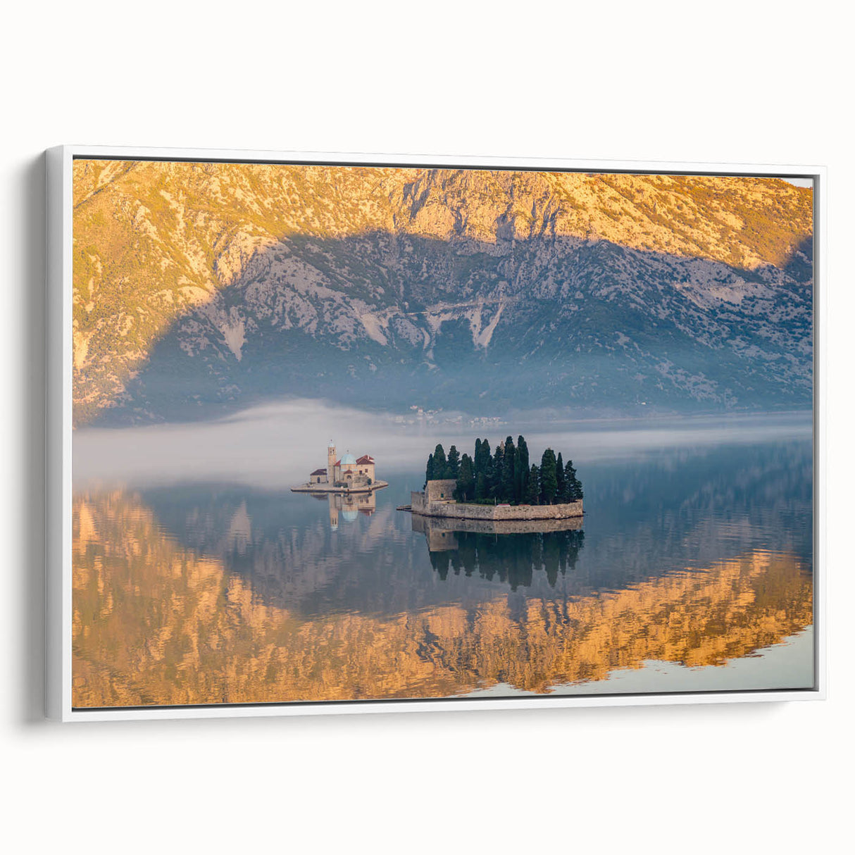 Vintage poster art depicting a European Montenegro scenery in vibrant colors on a large framed canvas.