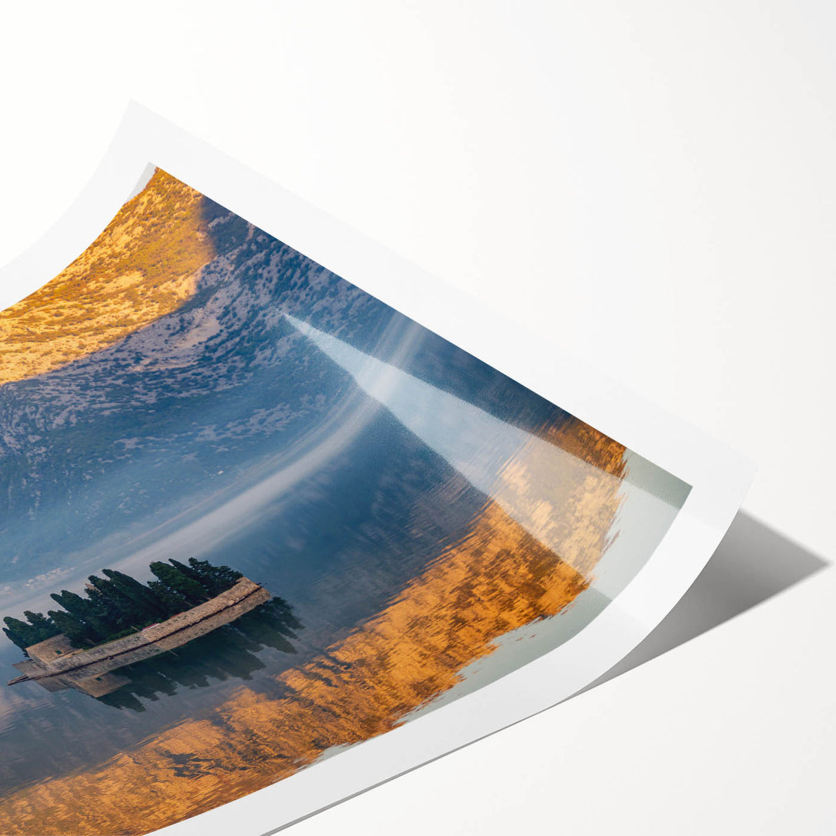 Extra large wall art featuring line art flowers over a scenic Montenegro landscape, printed on rolled canvas.