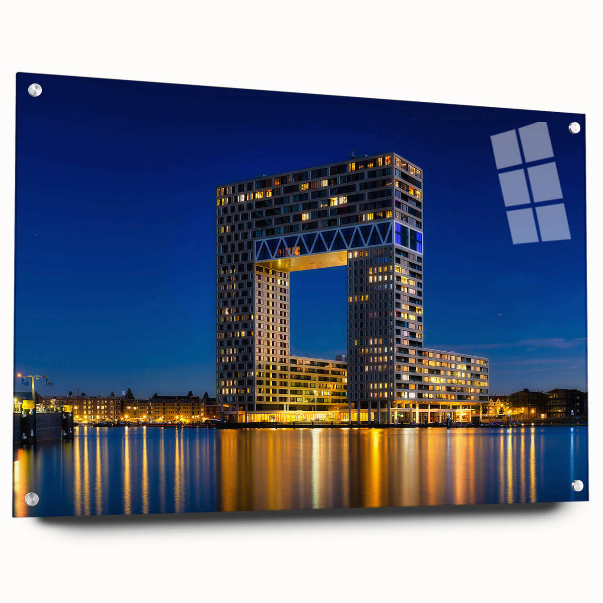 Acrylic print of Amsterdam scenery with vibrant hues of blue and orange, ideal for dining room decor.