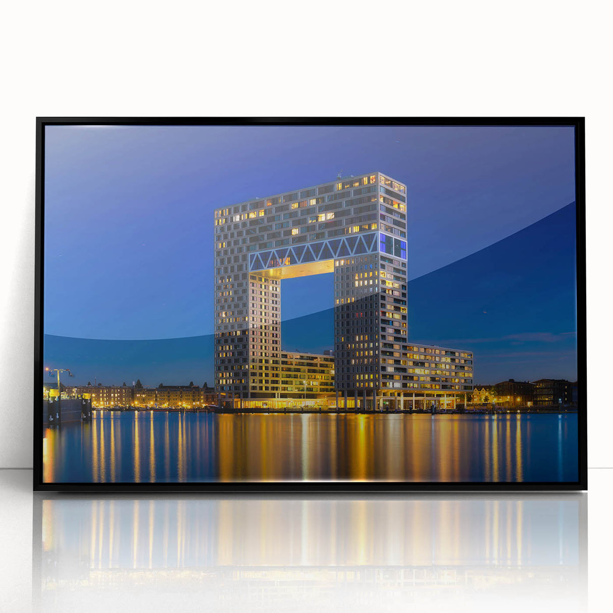 Large abstract wall art of Amsterdam scenery in muted earth tones on framed acrylic, suited for modern living room decor.