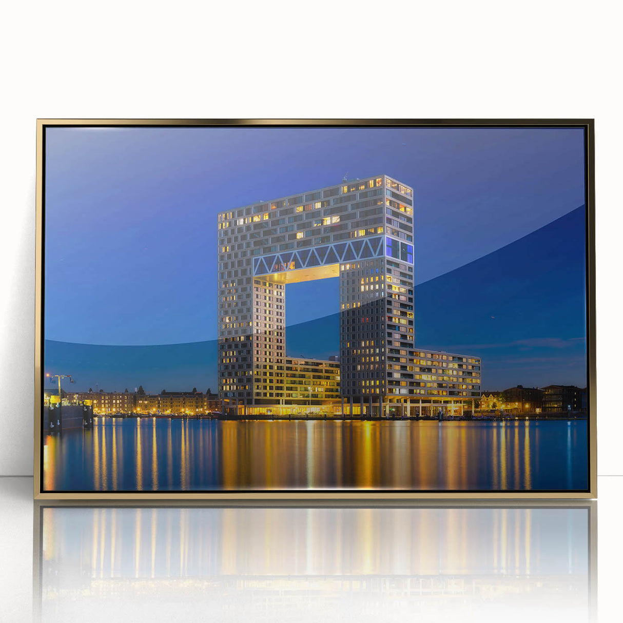 Framed acrylic print of Amsterdam scenery with muted gold and blue tones, ideal for modern art wall decor.