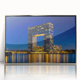 Framed acrylic print of Amsterdam scenery in silver, featuring mid-century modernist style, ideal for modern art wall decor.