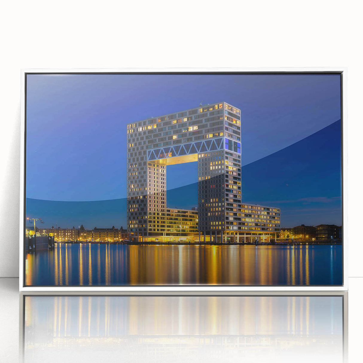 Mid-century modernist art depicting Amsterdam scenery on a white acrylic frame, ideal for nursery wall art.