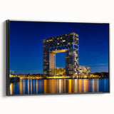 Black and white framed canvas of Amsterdam landscape with vintage poster art style, ideal for bedroom wall decor.