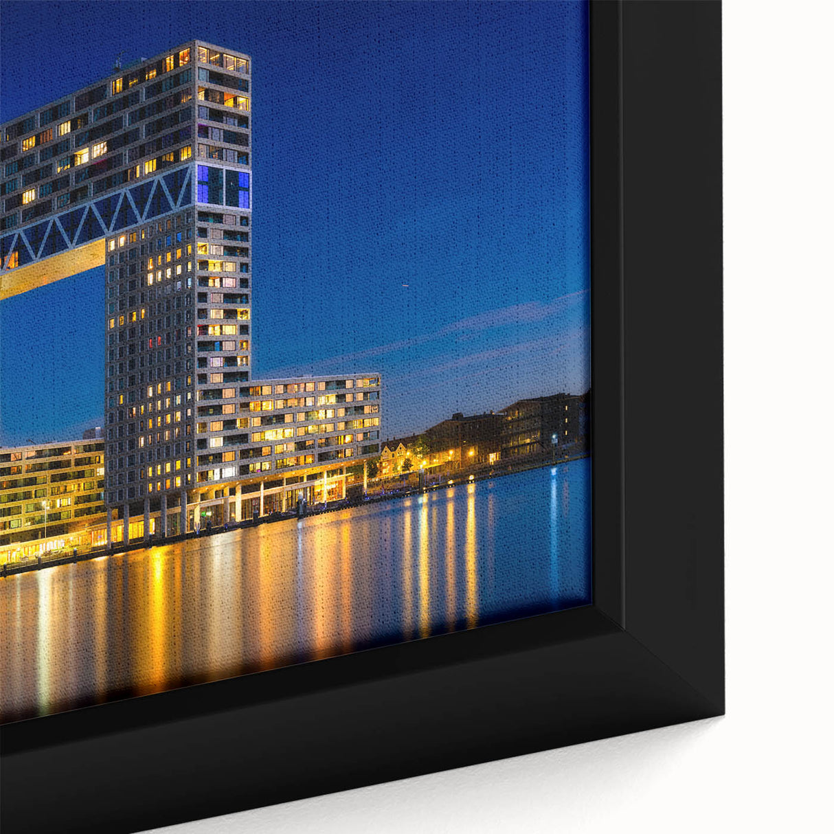 Extra large black wall art featuring a textured Amsterdam scenery with colorful accents on a framed canvas.