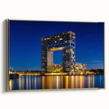 Framed canvas depicting a vintage-style Amsterdam landscape in black and gold, ideal for bedroom wall art.