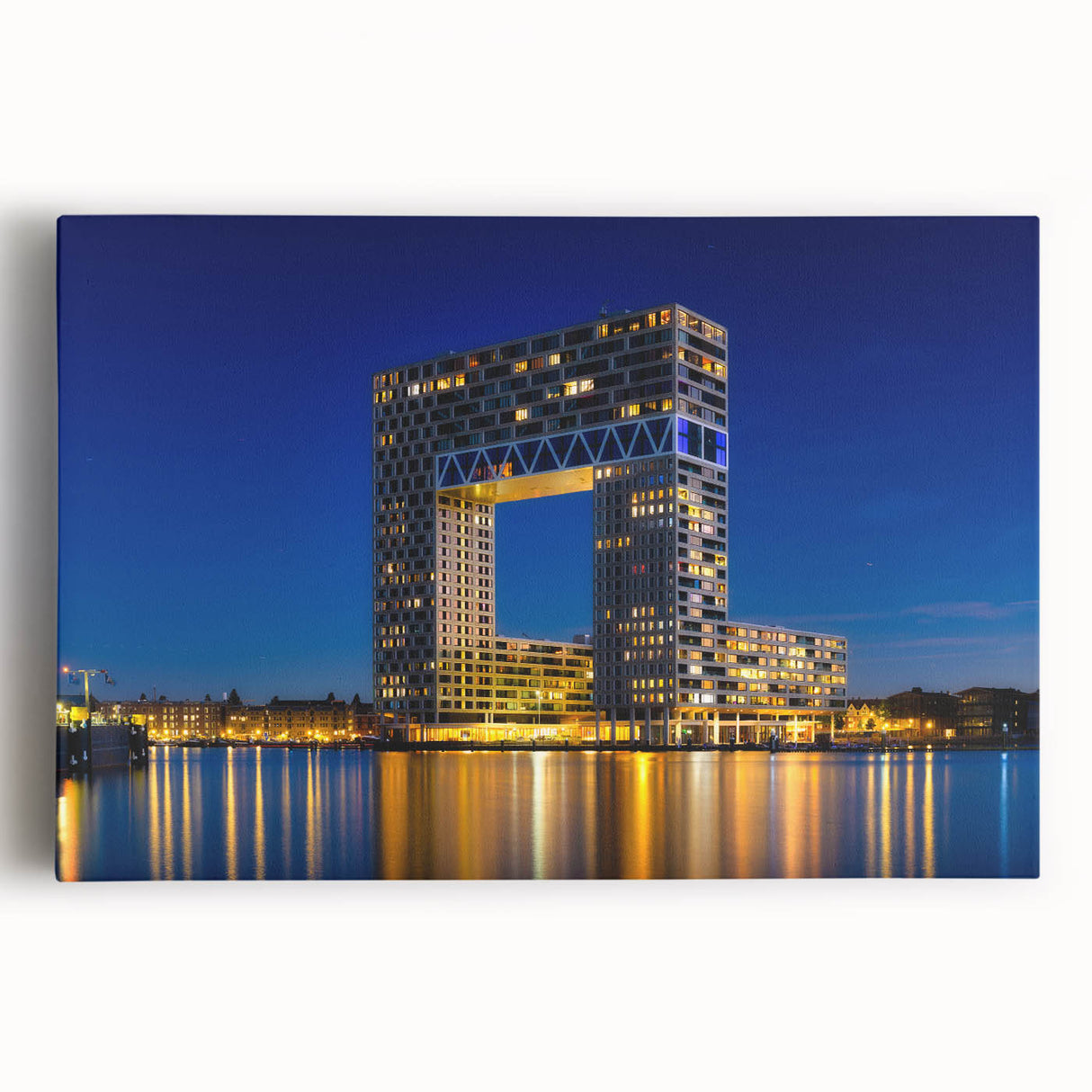 Black and white stretched canvas of Amsterdam scenery, ideal for kitchen wall art or bedroom ambiance.
