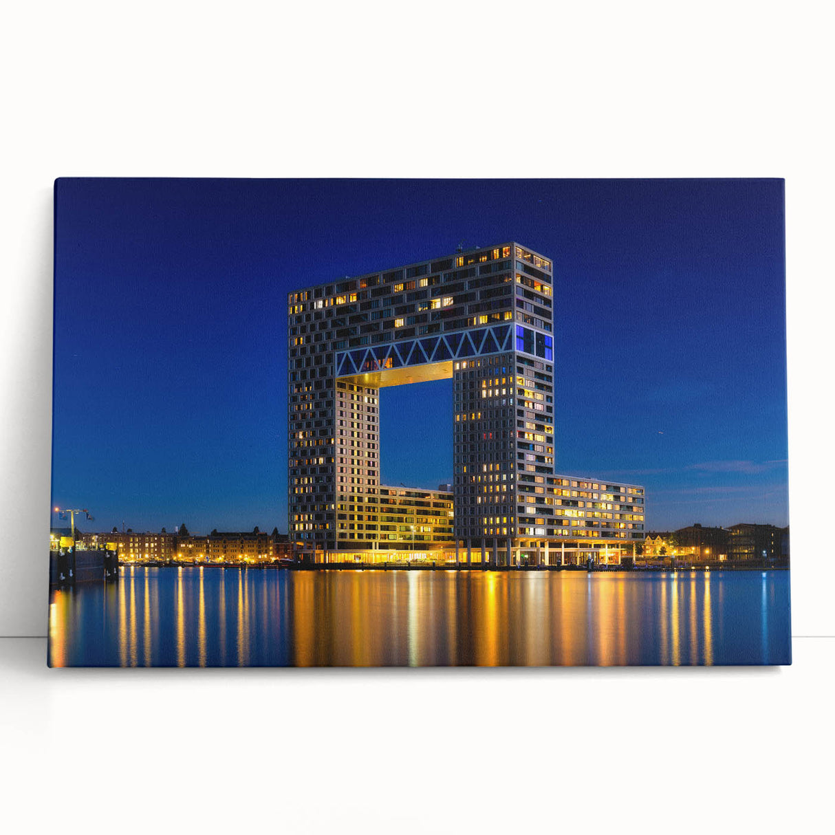 Black and white large art print of Amsterdam scenery on stretched canvas, suitable for kitchen wall art.