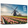 Acrylic print of a Dutch landscape with vivid green and blue tones, ideal for dining room decor.