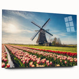 Large abstract wall art of a European scenery in muted earth tones on acrylic glass.
