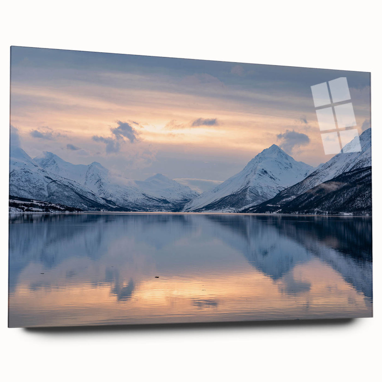 Large abstract wall art of a European scenery in Norway on acrylic glass, in muted earth tones.
