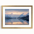 Abstract art print of a European Norway scenery in muted earth tones on a gold-framed canvas, ideal for dining room decor.