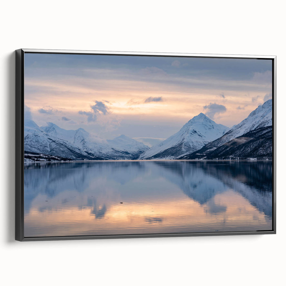 Black and white landscape art of a Norwegian scenery on framed canvas, ideal for bedroom decor.