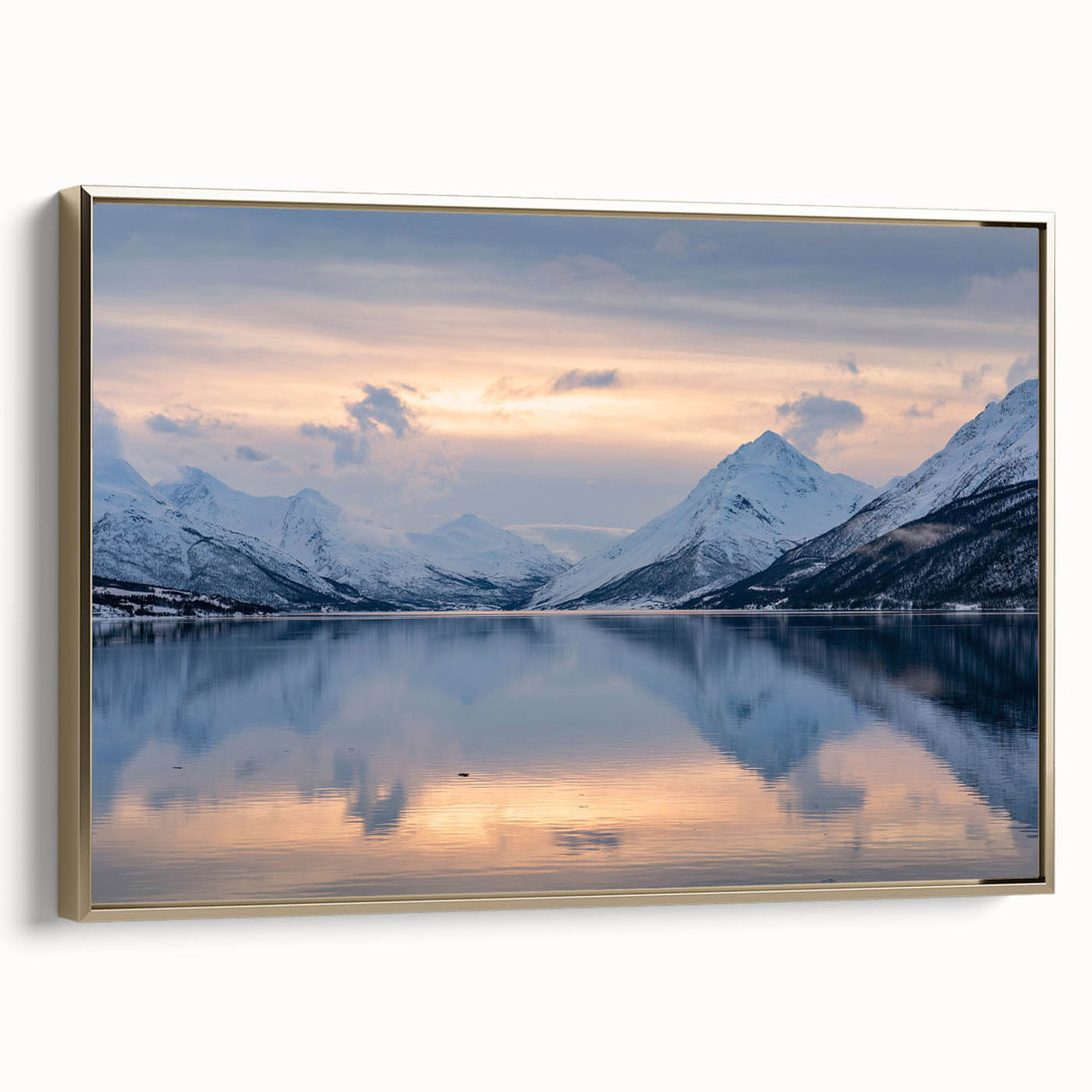 Framed canvas wall art featuring a vintage-style landscape painting of a Norwegian fjord, using muted earth tones.