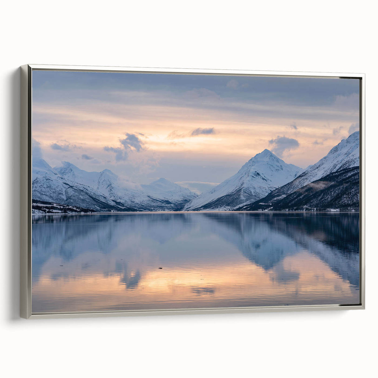 Framed canvas of a vintage-style landscape painting depicting a Norwegian scenery in vibrant colors on a black background.