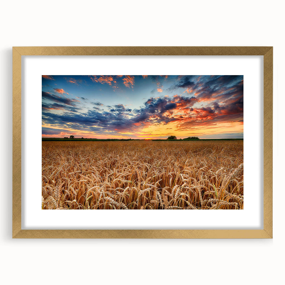 Abstract art print of a European scenery in muted earth tones on a gold framed canvas.