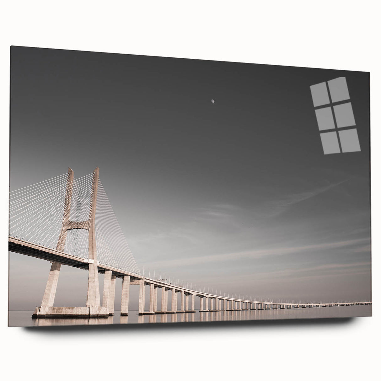 Large abstract wall art of Lisbon scenery in vibrant hues on acrylic glass, ideal for bedroom or dining room decor.