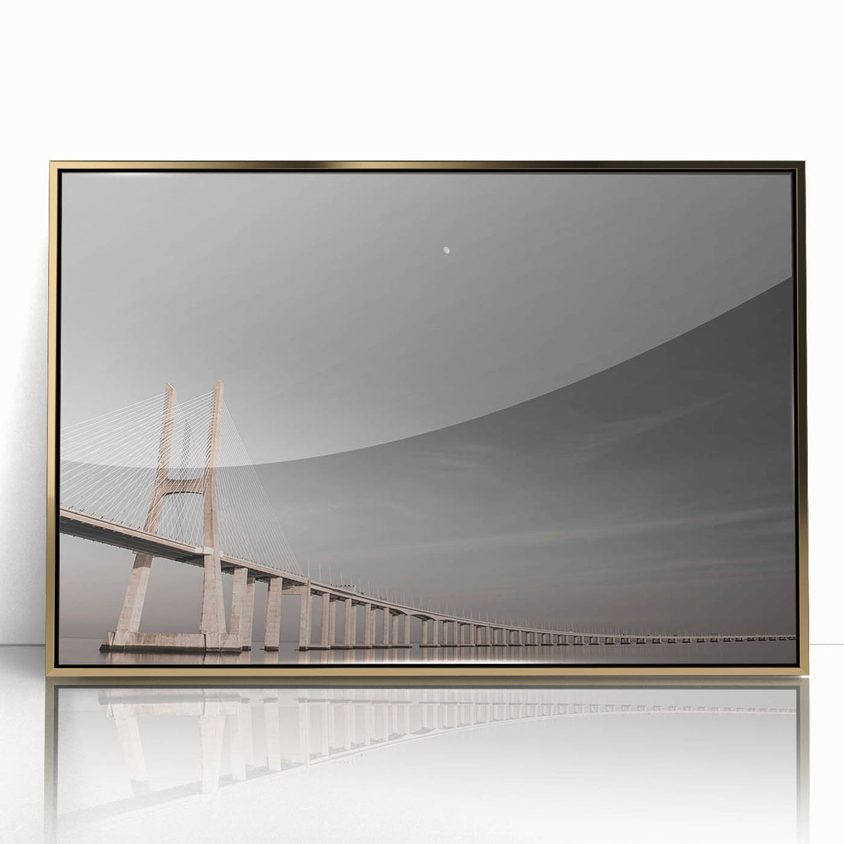 Framed acrylic print of Lisbon cityscape in art deco style, featuring gold and blue tones, ideal for modern art wall decor.