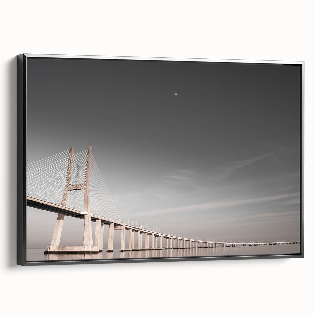 Black and white framed canvas featuring a vintage-style Lisbon landscape, ideal for bedroom wall decor.