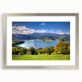 Extra large abstract art print depicting a textured European landscape in muted earth tones, framed in silver.