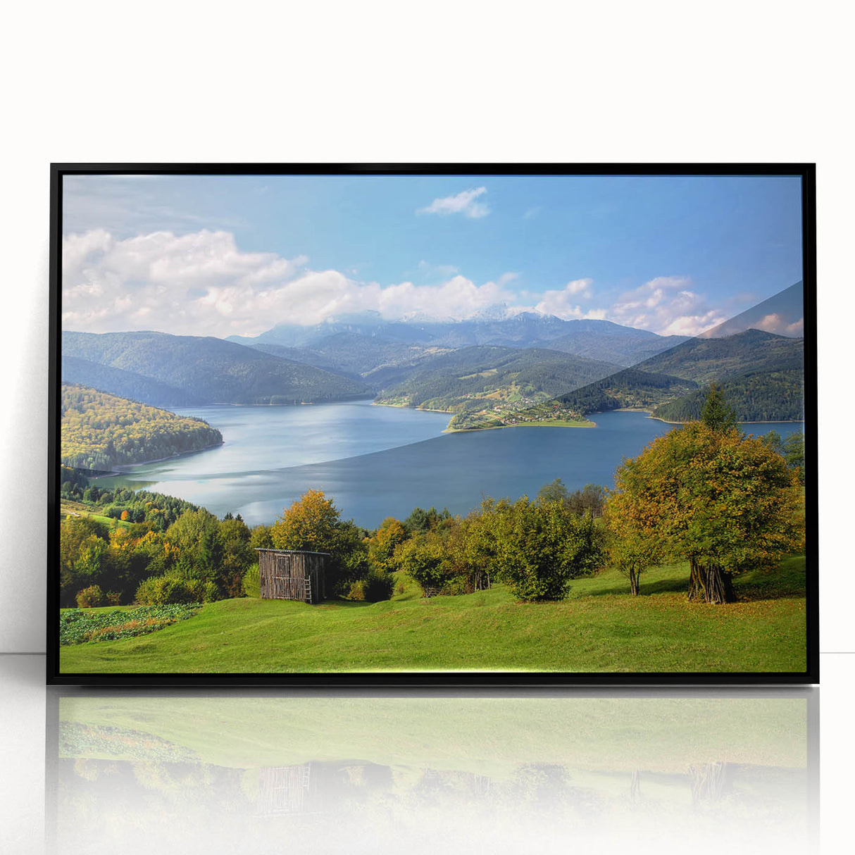 Large abstract wall art depicting a Romanian landscape in muted earth tones on framed acrylic.