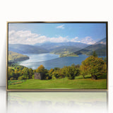 Art deco poster featuring a scenic European landscape in Romania, with muted gold tones on a framed acrylic.