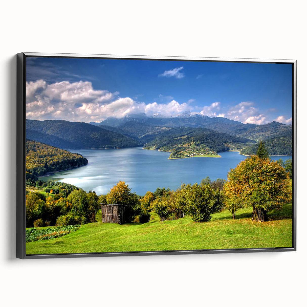 Black and white framed canvas of a Romanian landscape, featuring vintage poster art style, ideal for bedroom decor.