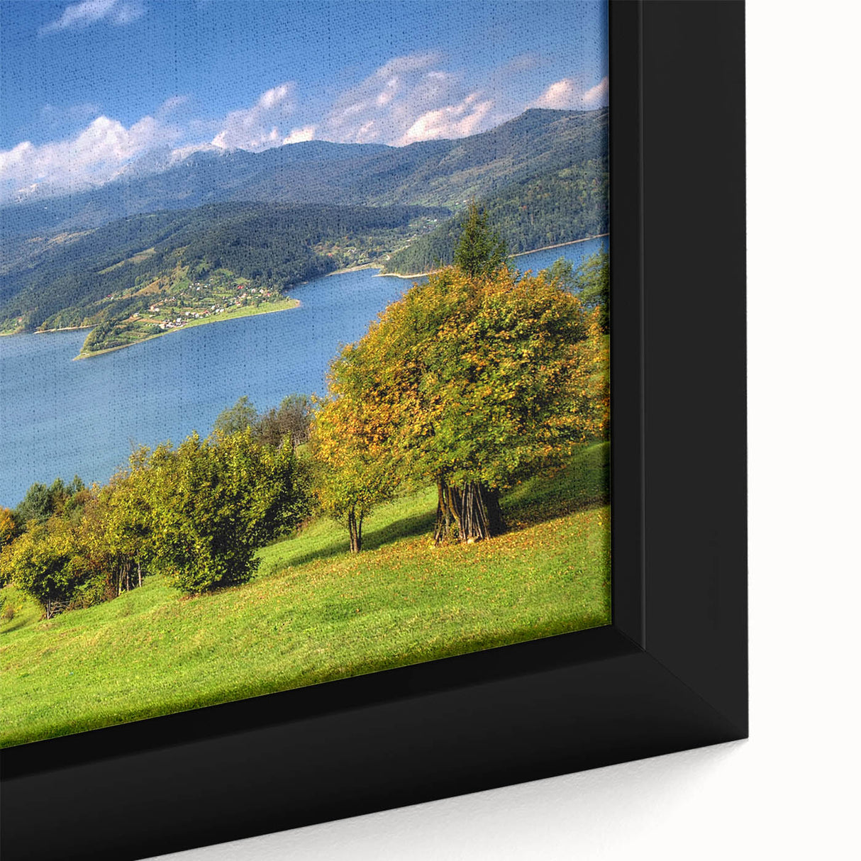 Extra large framed canvas featuring a textured depiction of a Romanian landscape in black with colorful accents.