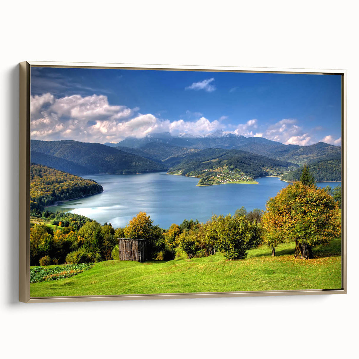 Framed canvas of a vintage-style Romanian landscape in muted gold and black tones, ideal for bedroom wall art.