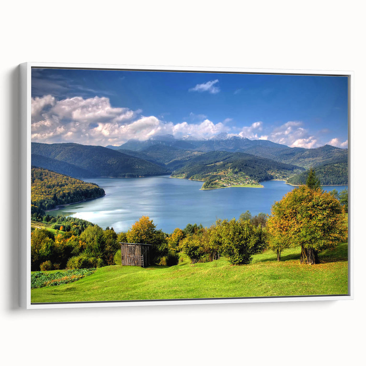 Vintage poster art of a Romanian landscape in vibrant colors on a large framed canvas, ideal for living room decor.