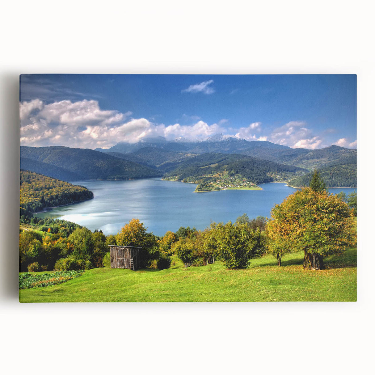 Black and white stretched canvas featuring a panoramic view of a Romanian village, ideal for kitchen wall art.