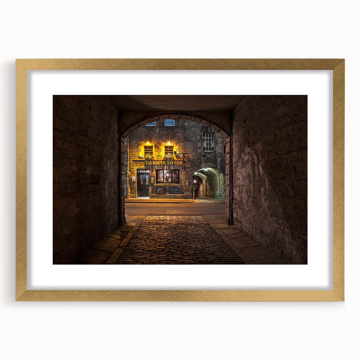 Extra large abstract art print of a textured European scenery in Scotland, framed in gold, ideal for living room decor.