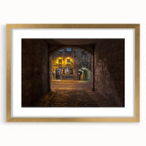 Extra large abstract art print of a textured European scenery in Scotland, framed in gold, ideal for living room decor.
