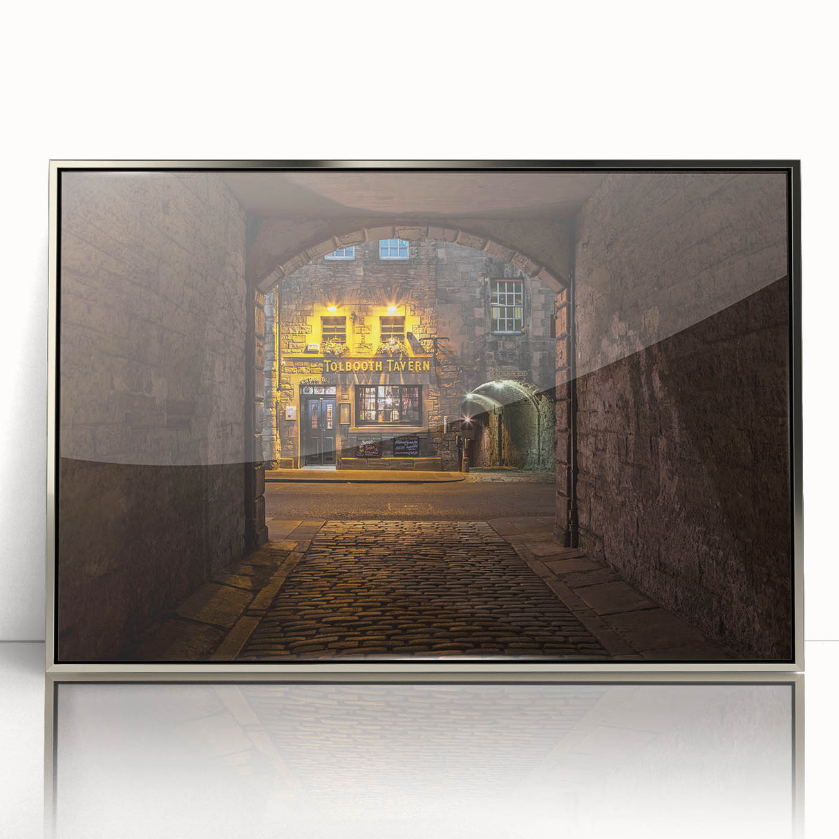 Mid-century modernist art of Scottish landscape in muted earth tones on a framed acrylic, suitable for nursery wall art.