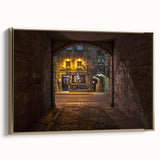 Framed canvas depicting a vintage-style Scottish landscape in black and gold tones, ideal for bedroom wall art.