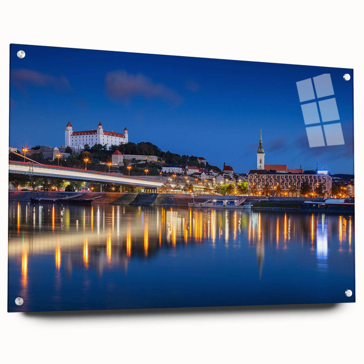 Acrylic print of a Slovakian landscape, featuring green hills and blue skies, ideal for dining room decor.