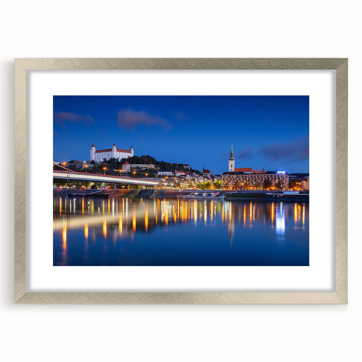 Extra large abstract art print featuring textured scenery of Slovakia in muted earth tones, framed in silver.