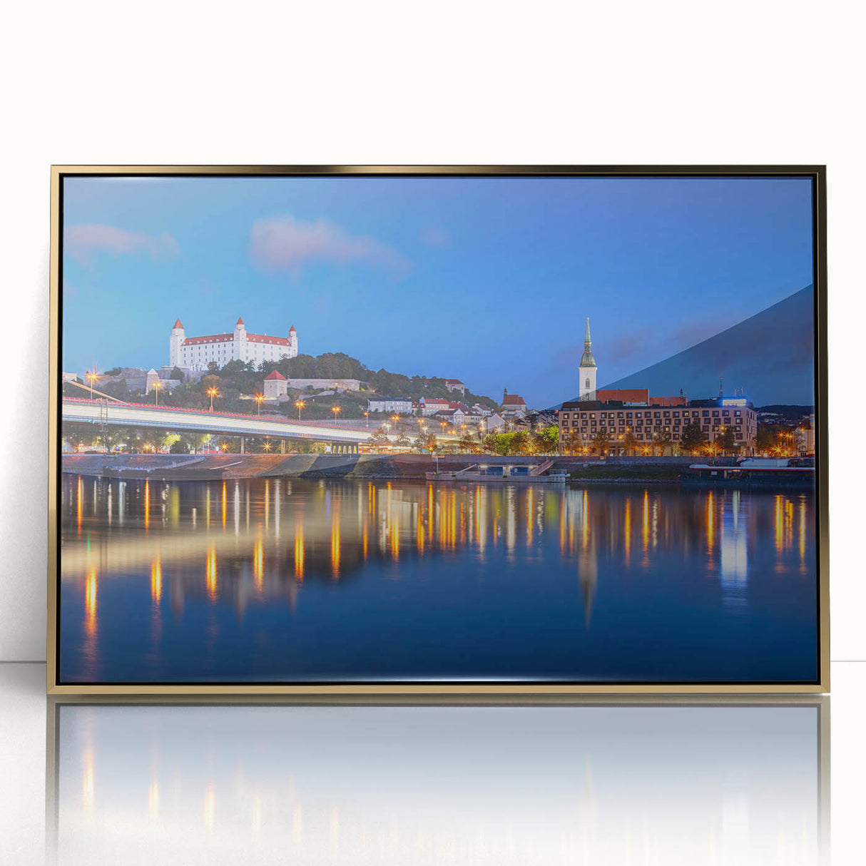 Art deco poster of a European scenery in Slovakia, framed in gold acrylic, suitable for modern art wall decor or nursery.