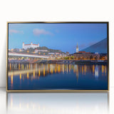 Art deco poster of a European scenery in Slovakia, framed in gold acrylic, suitable for modern art wall decor or nursery.
