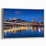 Landscape art painting of a Slovakian scenery on a silver-framed canvas, featuring vintage-style muted colors.