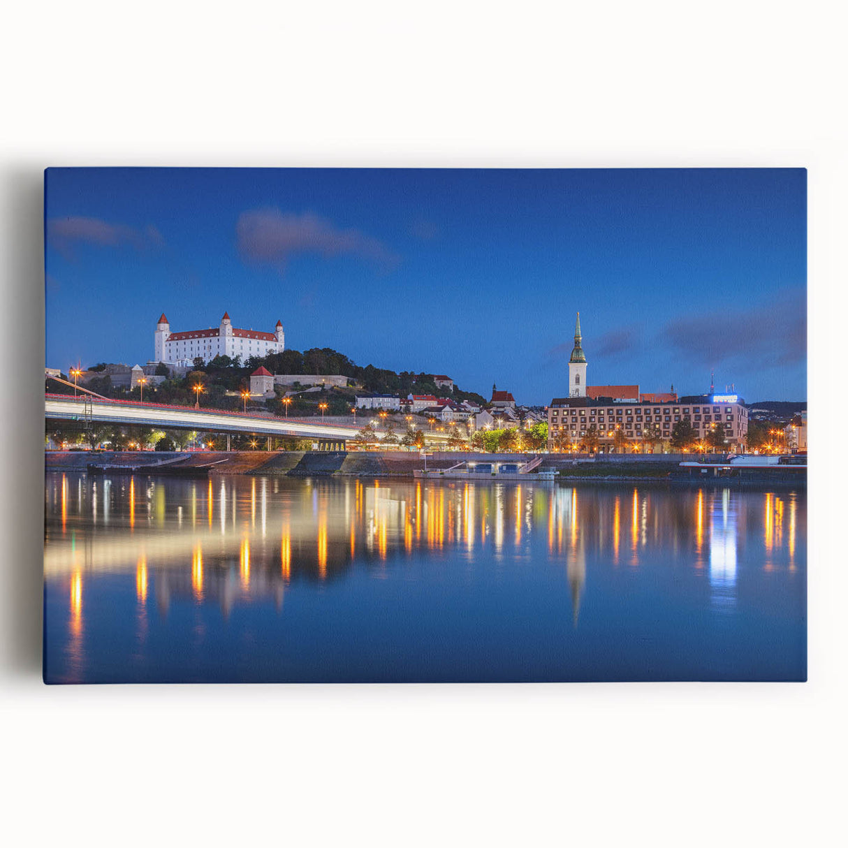Black and white photo of a European cityscape on stretched canvas, suitable as large kitchen wall art.